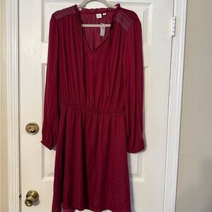 GAP Long-Sleeve Wine Red Embroidered Shoulder Dress